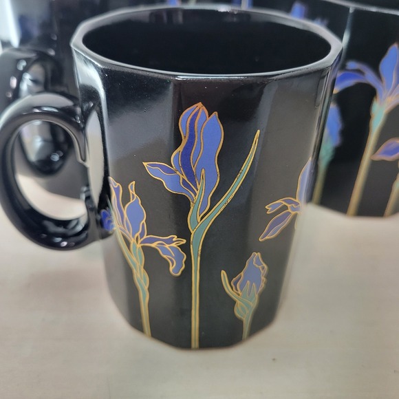 Otagiri Blue Iris Coffee Mugs Set of 5 Black Floral Japan Vintage - Picture 7 of 7